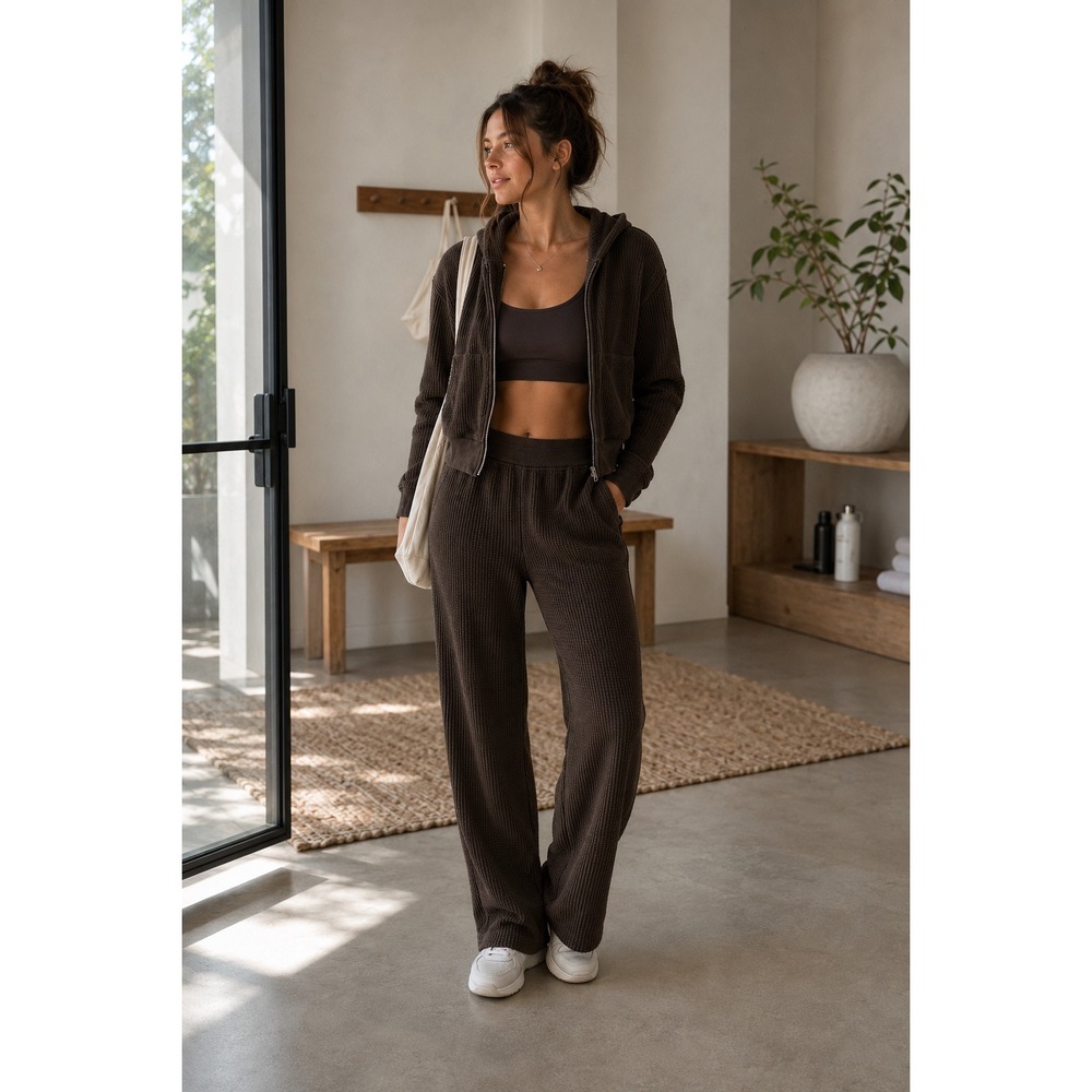 Women's Ribbed Lounge Pants and Zip Hoodie Set - Brown